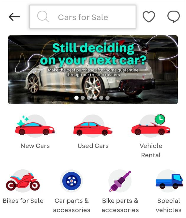 Carousell Autos Home screen - Autos sub-categories