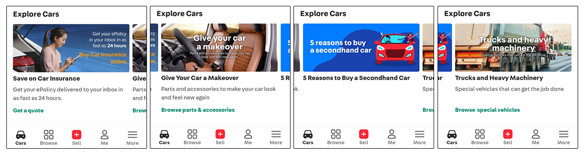 Carousell Autos Home screen - Curated Content - Explore Cars