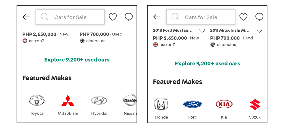 Carousell Autos Home screen - Featured Makes or Car Brands