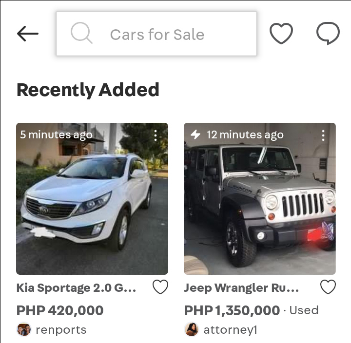 Carousell Autos Home screen - Recently Added