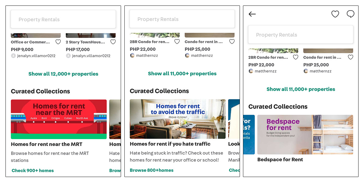 Carousell Property Home screen - Curated Collections For Rent