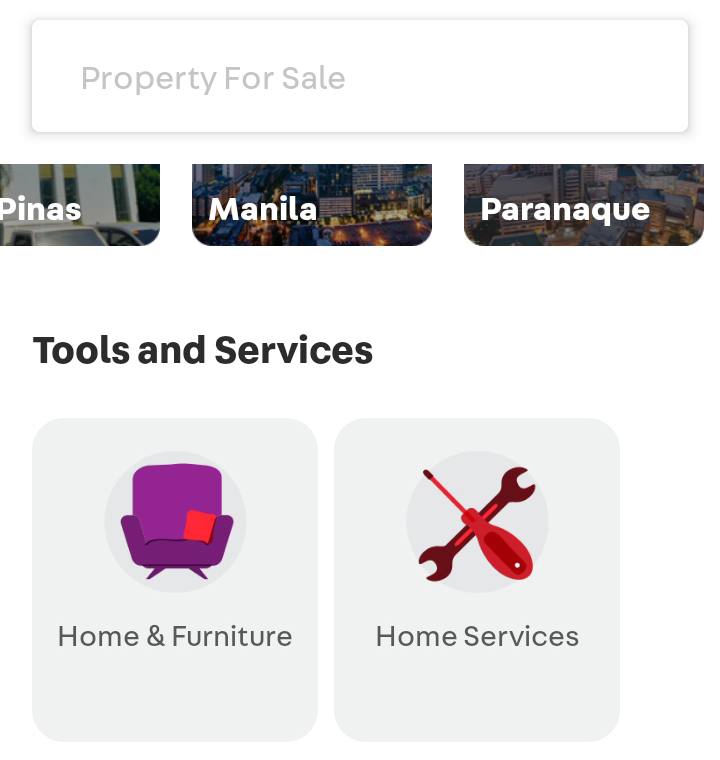 Carousell Property Home screen - Tools and Services