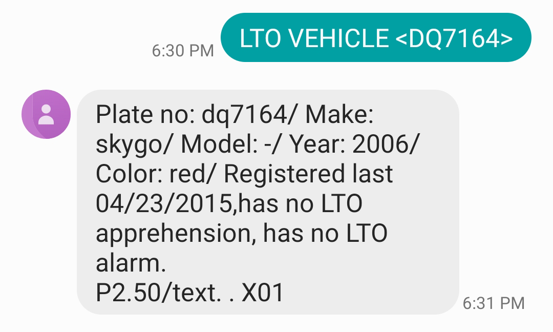 Sample LTO Vehicle Check through SMS service - Carousell PH Blog