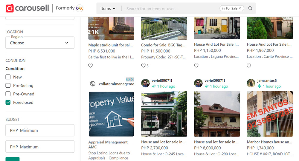 Use Carousell's filter feature to search for 'foreclosed' properties - Carousell Philippines